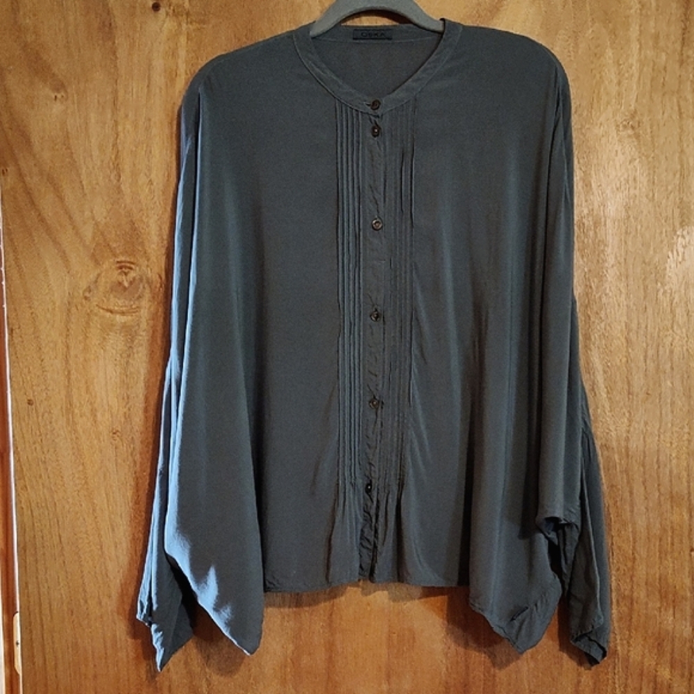 Oska Boxy Lagenlook Blouse Gray Pintuck Dolman Sleeve Oversized Viscose Sz 8/10